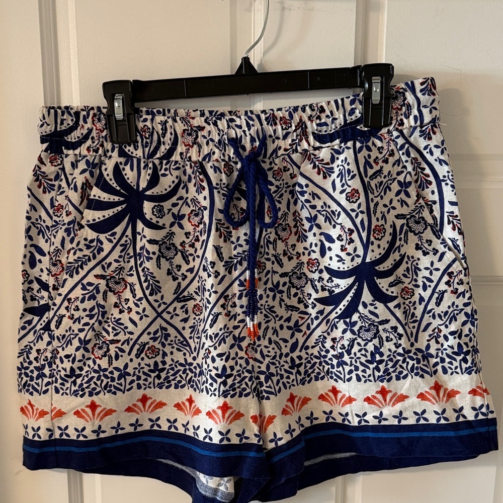Joie Women’s Boho Floral Drawstring Shorts Linen Blend Blue Orange White Large